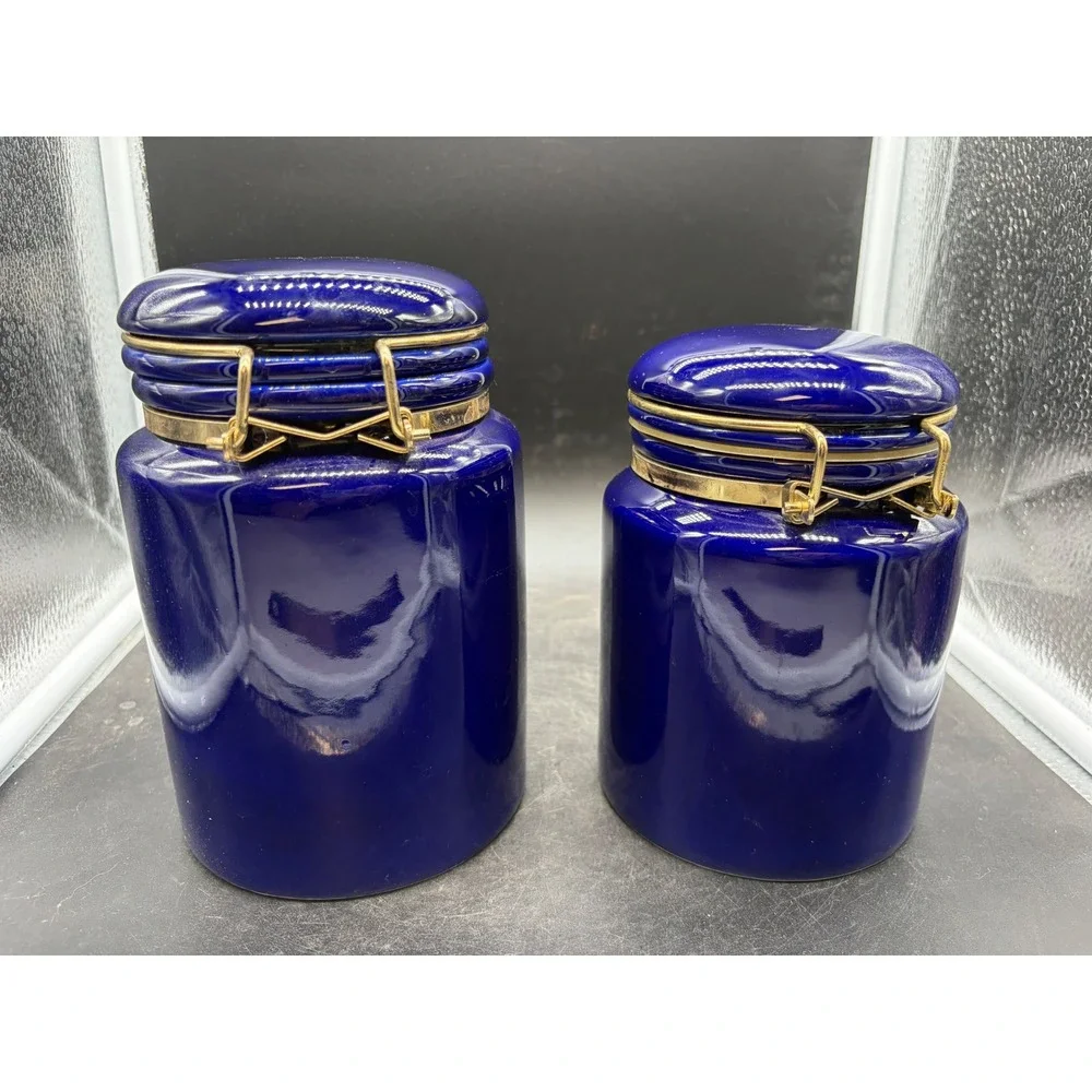 SAC Cobalt Blue Ceramic Canister Set 2 Piece Glossy Gold Tone Clamp Lid Storage